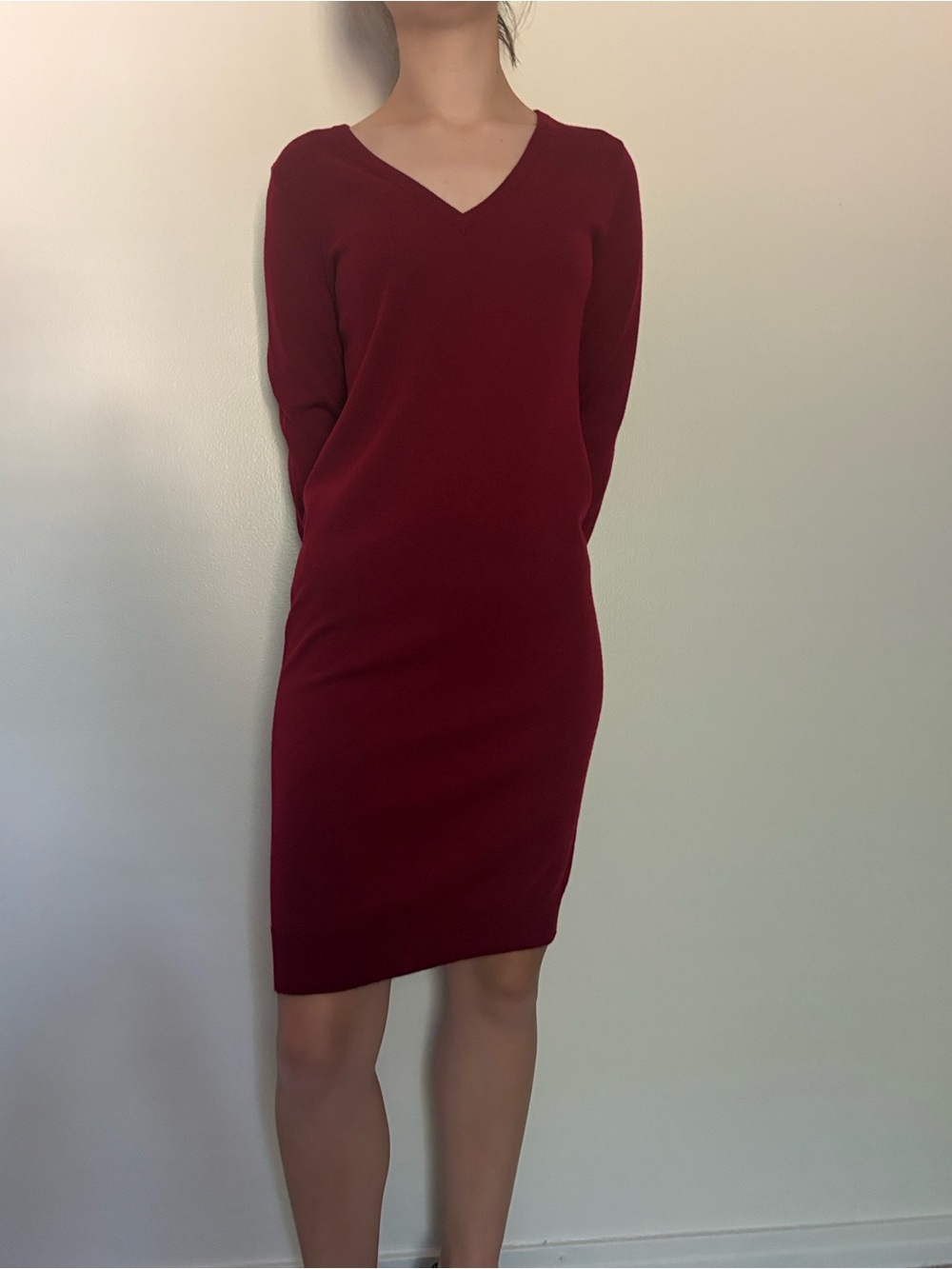 Ralph Lauren Classic V-Neck Long Sleeve Dress in Deep Wine